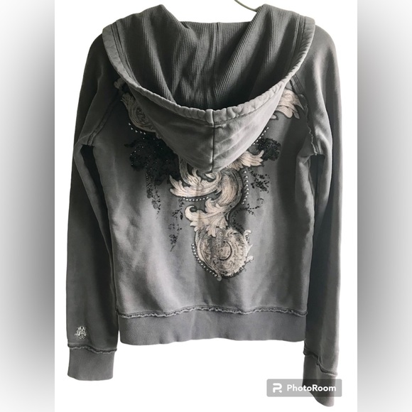 MM UNPLUGGED BEADED RHINESTONE EMBELLISHED GRAPHIC ZIP UP HOODIE - Picture 4 of 12